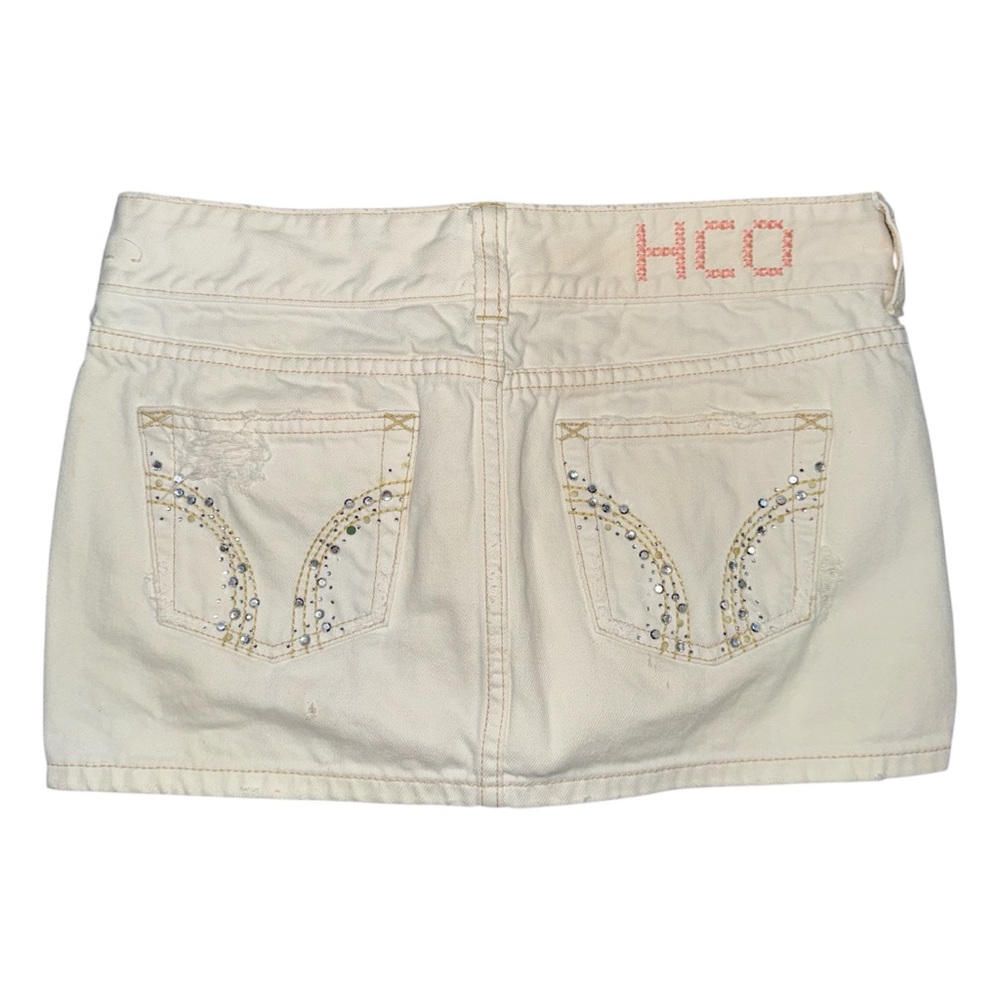 VTG Hollister Y2K Micro Mini Cream Jean Skirt Coquette Preppy Distressed Denim 1